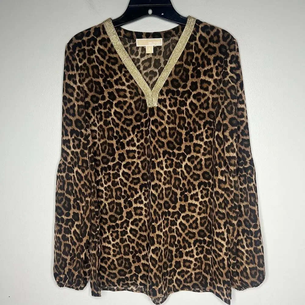 Michael Kors Leopard Print Blouse Gold Metallic Trim V-Neck Long‎ Sleeve Sz S